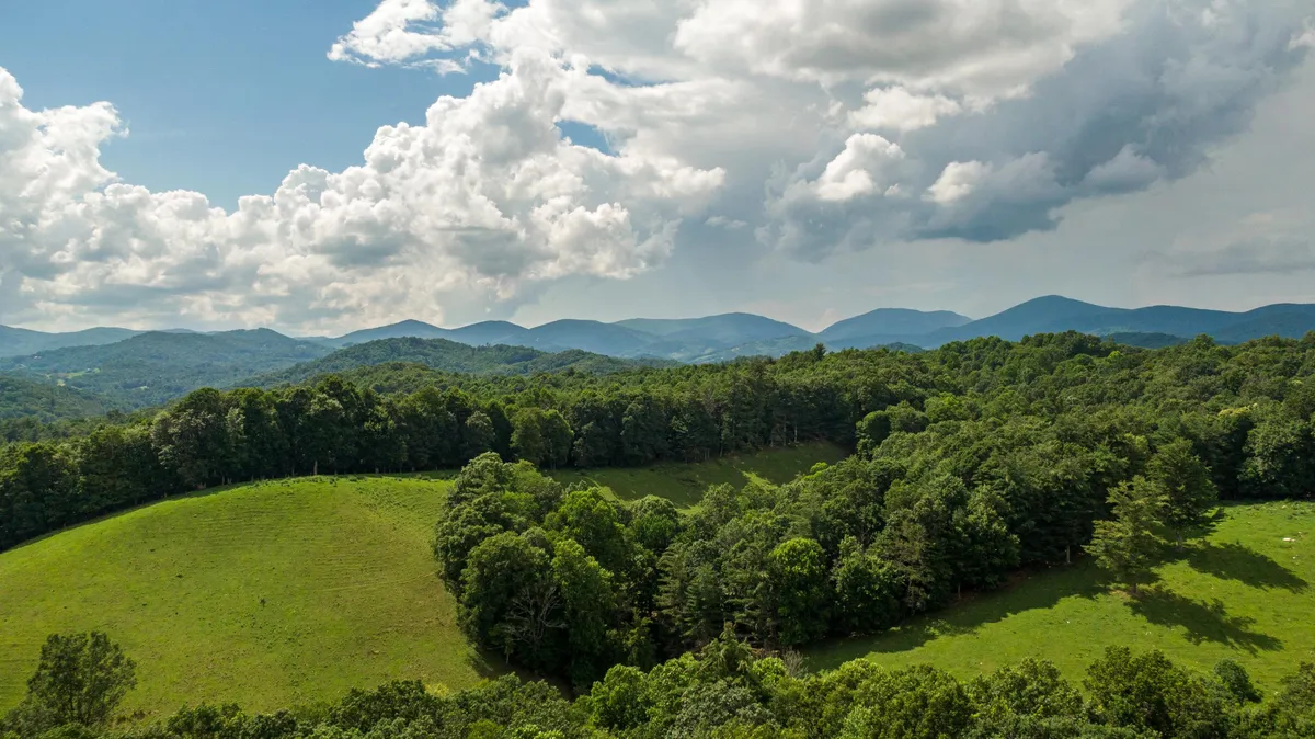 A sweeping view of rolling hills, dense forest, and a distant mountain range under a cloudy sky, suggesting endless opportunities for hiking, picnicking, and nature exploration just beyond the cabin’s doorstep.